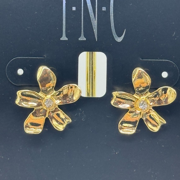 INC Gold Tone Flower with Crystal Post Earrings - Picture 8 of 12